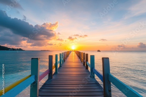 A brightly colored wooden boardwalk stretches over a calm beach