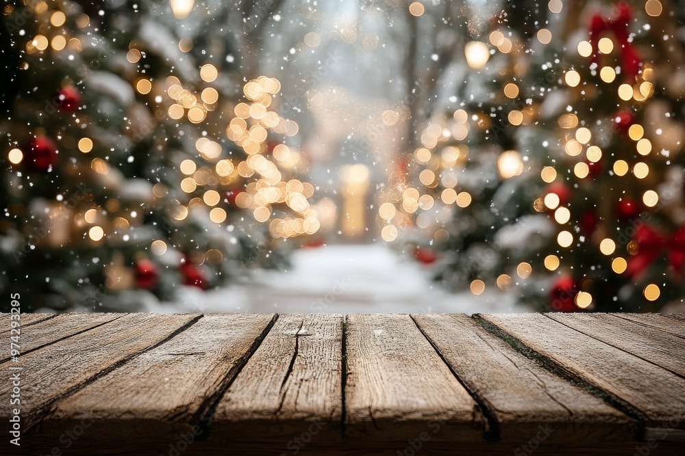Wooden Table Top with Festive Blurred Background