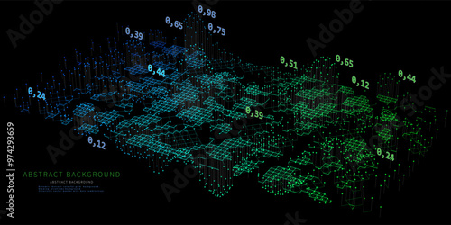 Abstract  background  graph from color polygonal grid and data on black. Technology concept analytical  data.  Banner for business, science and technology data analytics. Big Data.