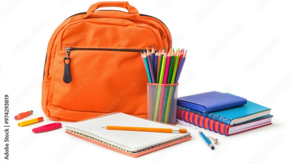 A school supplies kit with an open backpack, notebooks, colored pencils, and ruler, isolated on a white background A school supplies kit with an open backpack, notebooks, colored pencils, and ruler, isolated on a white background