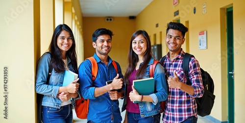 Indian College Students Posing with a Thumbs Up in Campus Hallway with Books in Hand