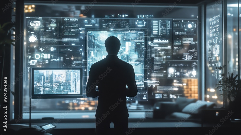 Silhouette of Person in Front of Futuristic Digital Display Silhouette of Person in Front of Futuristic Digital Display