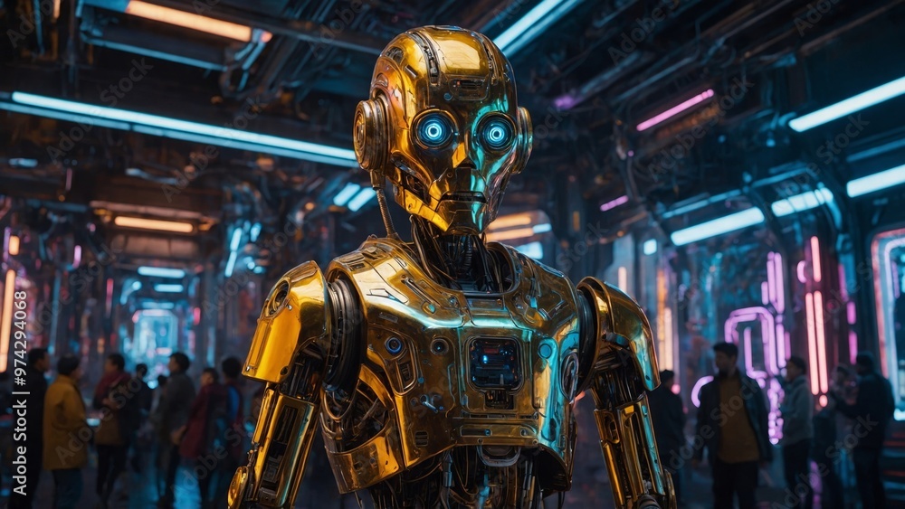 robot with golden glowing lights in dark robot with golden glowing lights in dark