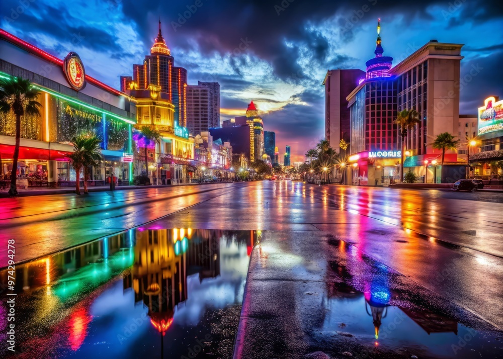 Vibrant night sky with neon lights reflecting off the wet pavement, showcasing the city's iconic casinos and hotels Vibrant night sky with neon lights reflecting off the wet pavement, showcasing the city's iconic casinos and hotels