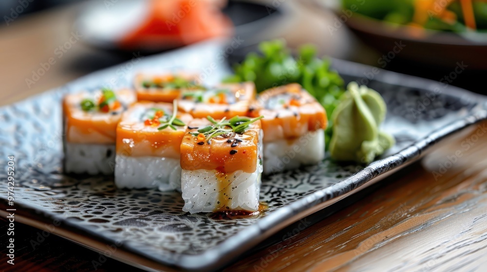 Sushi rolls drizzled with teriyaki sauce, served with pickled ginger. Sushi rolls drizzled with teriyaki sauce, served with pickled ginger.