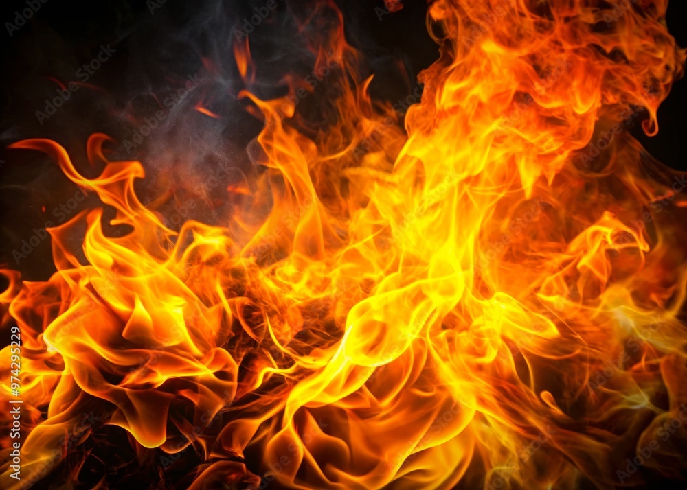 Vibrant orange and yellow flames engulf a dark background, with subtle wisps of smoke and embers, creating a Vibrant orange and yellow flames engulf a dark background, with subtle wisps of smoke and embers, creating a