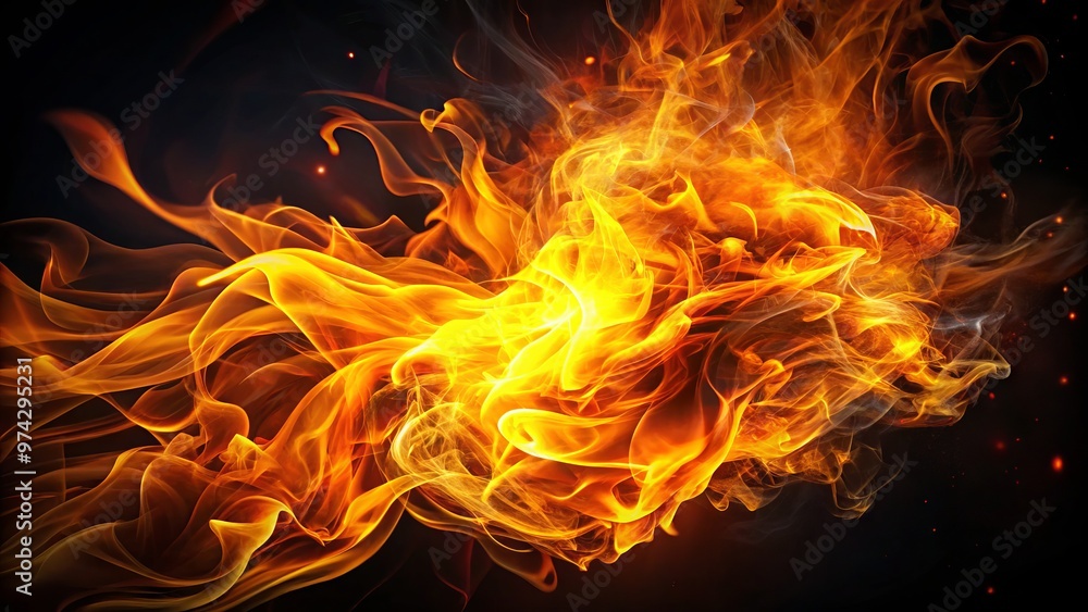 Fototapeta premium Vibrant orange and yellow flames erupt from a dark background, with delicate tendrils and wisps spreading outward,