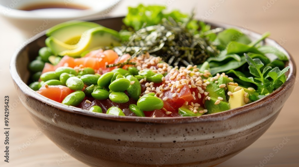 A vibrant poke bowl with marinated tuna and a ponzu-based dressing. A vibrant poke bowl with marinated tuna and a ponzu-based dressing.
