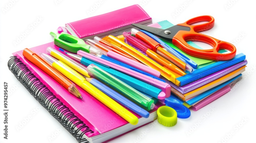 A vibrant collection of school supplies including scissors, glue, highlighters, and a notebook, isolated on white A vibrant collection of school supplies including scissors, glue, highlighters, and a notebook, isolated on white
