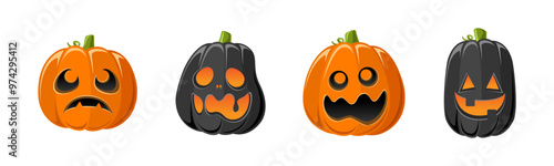 Cute Jack O Lantern with Different Shapes and Funny Facial Expressions Set. Creepy Spooky Halloween Pumpkin, Fall Autumn Decor Illustration Collection.