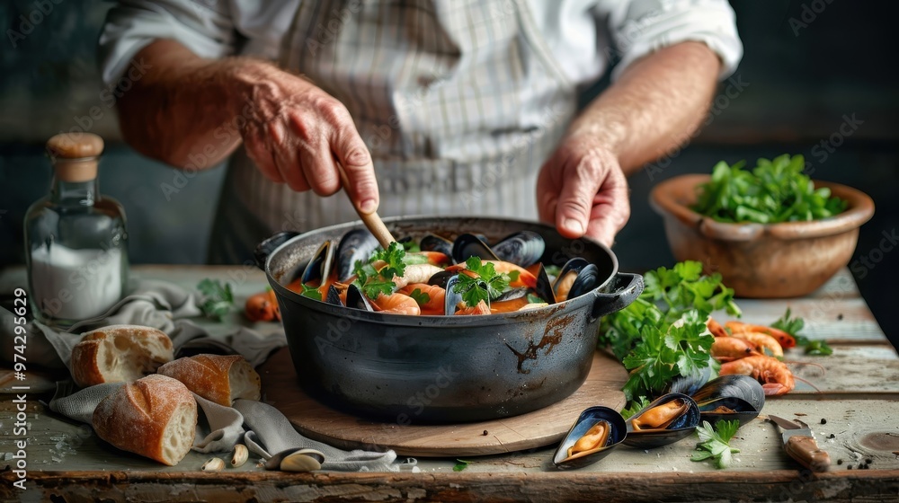 A fisherman's hands arranging seafood in a pot for bouillabaisse. A fisherman's hands arranging seafood in a pot for bouillabaisse.