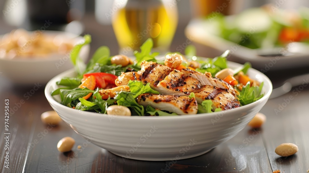 A salad with grilled chicken and a creamy peanut dressing. A salad with grilled chicken and a creamy peanut dressing.