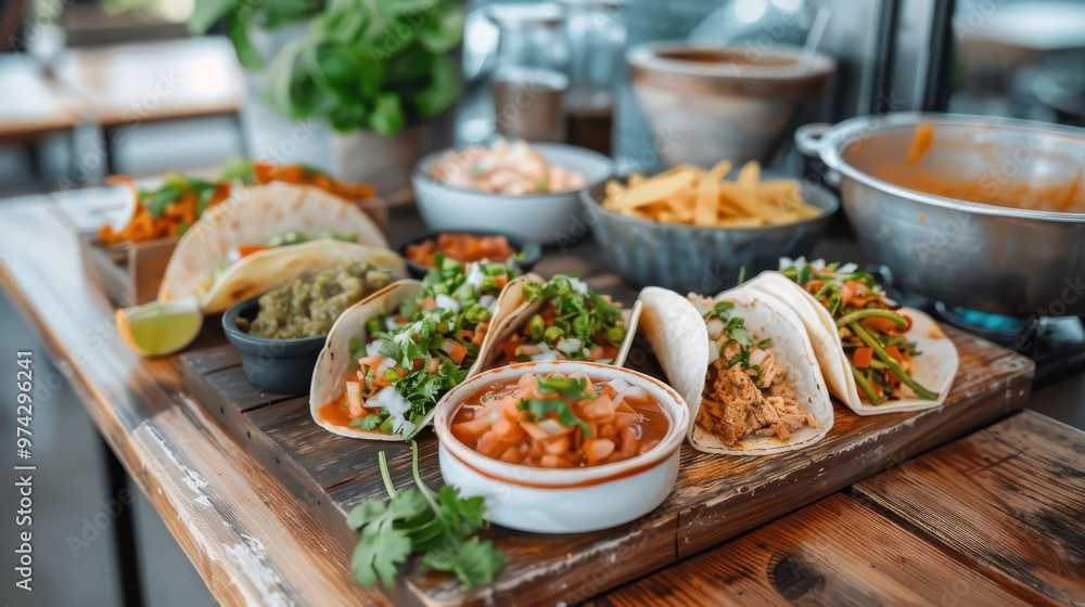 A rustic wooden table with Mexican dishes and bowls of salsa. A rustic wooden table with Mexican dishes and bowls of salsa.