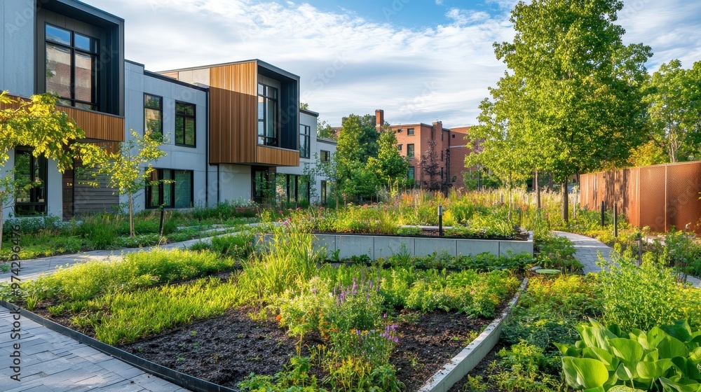 Lush Urban Community Garden Surrounded by Modern Buildings Lush Urban Community Garden Surrounded by Modern Buildings