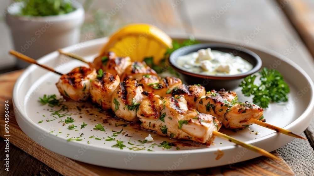 Grilled chicken souvlaki skewer with tzatziki sauce and feta cheese. Grilled chicken souvlaki skewer with tzatziki sauce and feta cheese.