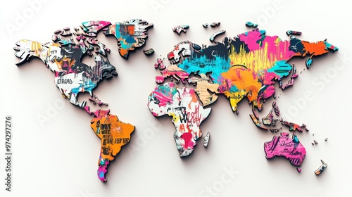 Fototapeta Naklejka Na Ścianę i Meble -  This image portrays a world map illustrated in a vibrant graffiti art style, showcasing abstract elements with bold colors and dynamic patterns, representing global unity through art.