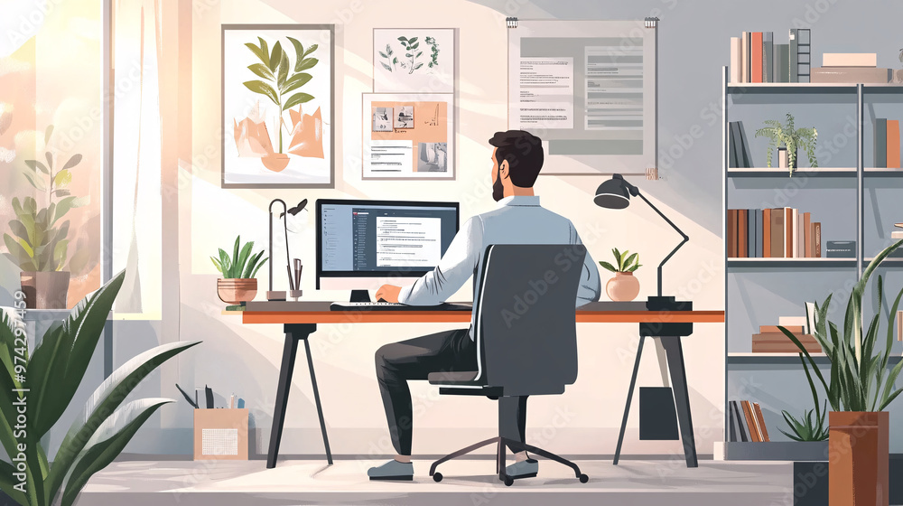 Modern Workplace with Man Working on Computer Modern Workplace with Man Working on Computer