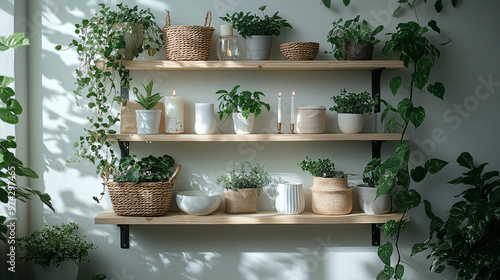 Modern Shelf Adorned with Houseplants Greenery and Decorative Elements