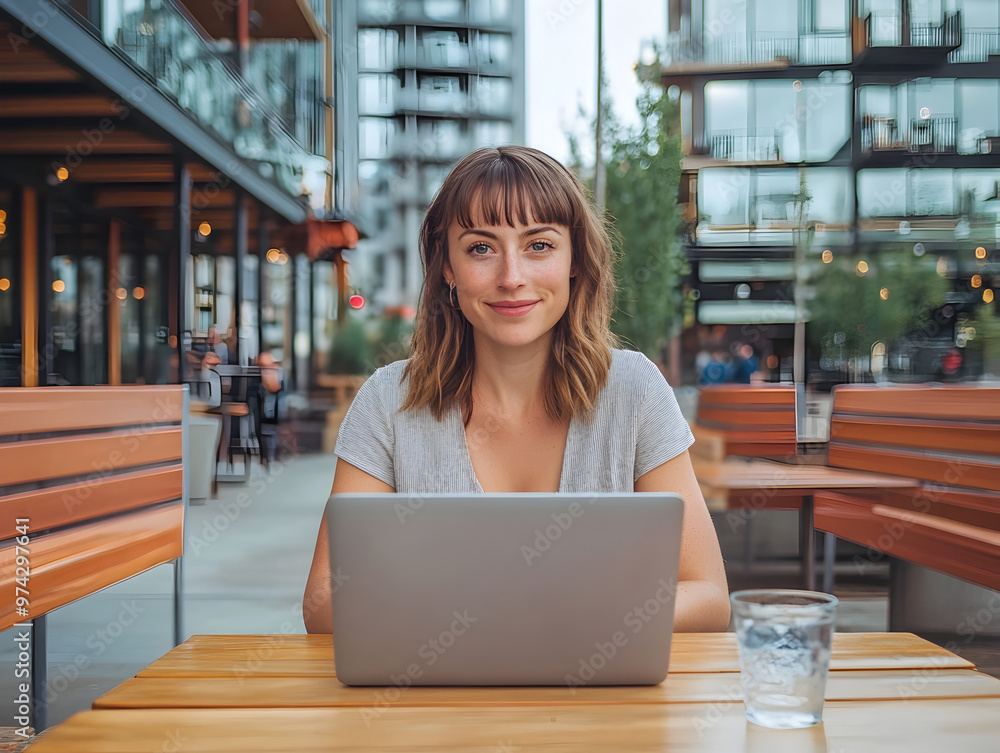 Fototapeta premium Casual Woman Working Outdoors on Laptop at Trendy Street Furniture