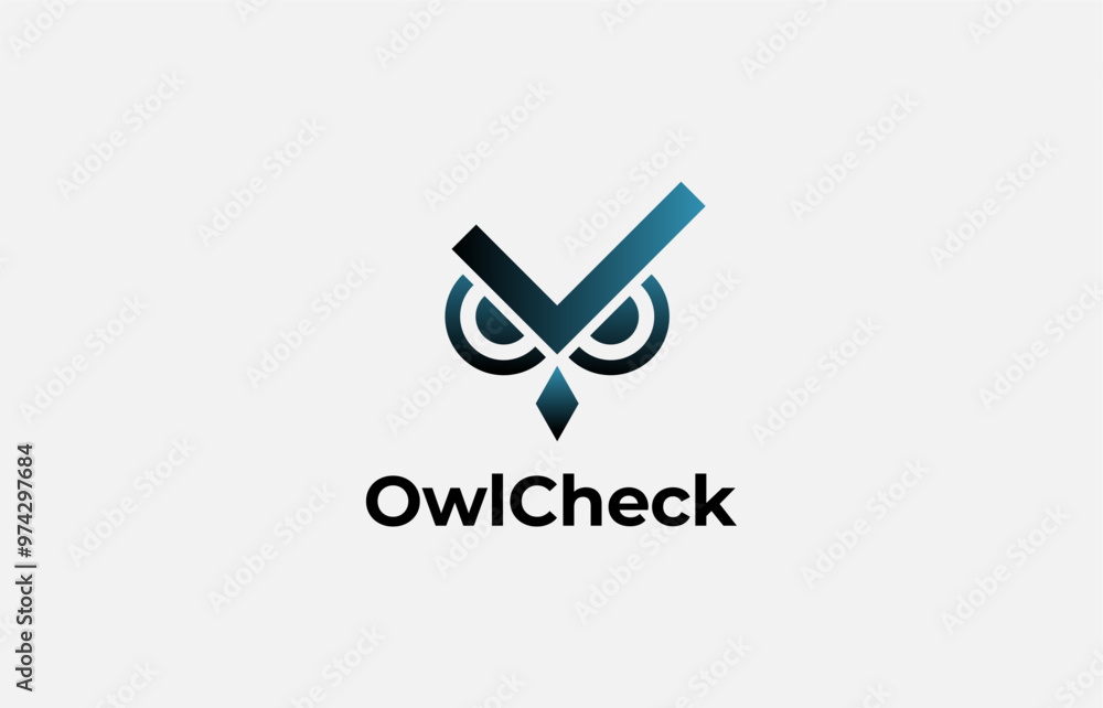 Logo Owl eyes and check symbol. Verify, Check mark, Approve. Editable file Logo Owl eyes and check symbol. Verify, Check mark, Approve. Editable file