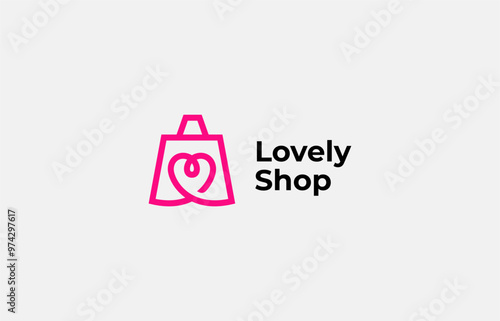 Logo Shop, Shopping bag and Love shape line concept. Ecommerce, retail, apps. Editable file