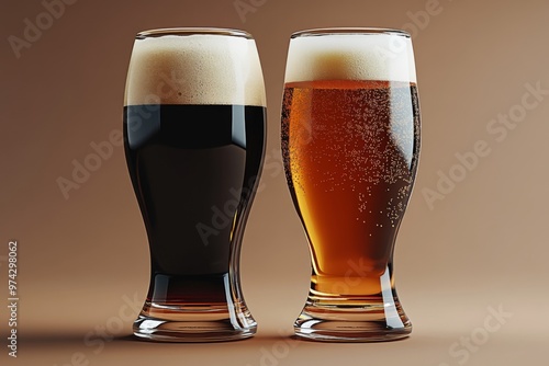 This image shows two glasses filled with different types of beer, one dark and the other light, placed side by side, depicting variety and the enjoyment of beer.