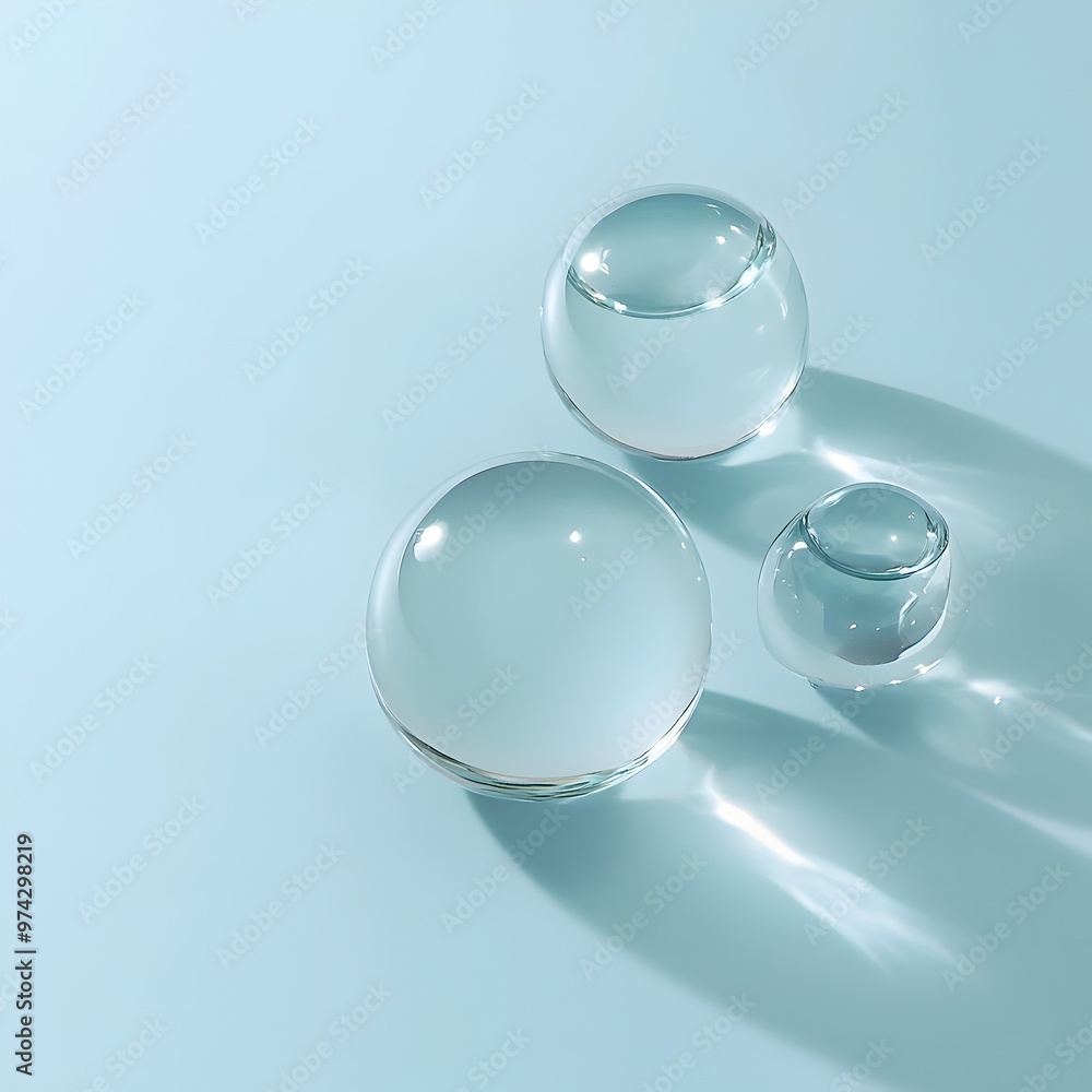 Three Transparent Glass Beads on Soft Blue Minimalist Background Three Transparent Glass Beads on Soft Blue Minimalist Background