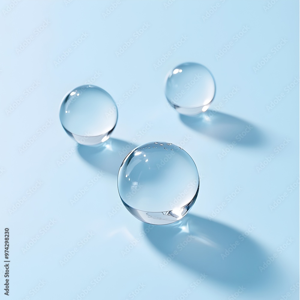 Three Transparent Glass Beads in Varying Sizes on Soft Blue Background Three Transparent Glass Beads in Varying Sizes on Soft Blue Background