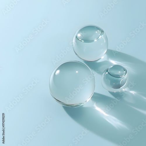 Three Transparent Glass Beads on Soft Blue Minimalist Background