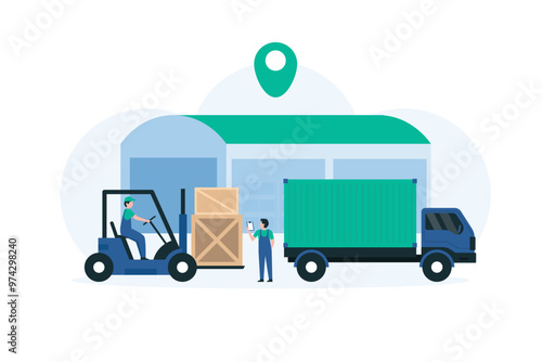 Forklift Loading Pallets in a Bus.Distribution Center. Illustration