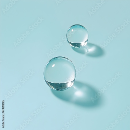 Three Clear Beads on Soft Blue Background with Varying Sizes and Floating Effect