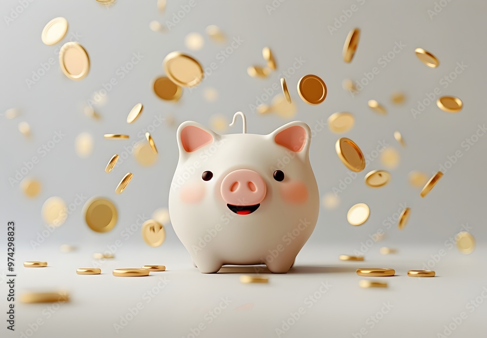 Cute Piggy Bank with Falling Coins on Plain Background Cute Piggy Bank with Falling Coins on Plain Background