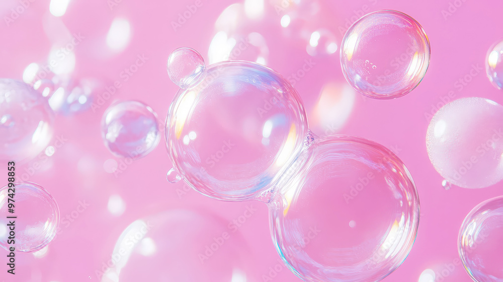 Aesthetic transparent soap bubbles floating on a pastel pink background. Detergents and cleaning products. Generative AI Aesthetic transparent soap bubbles floating on a pastel pink background. Detergents and cleaning products. Generative AI