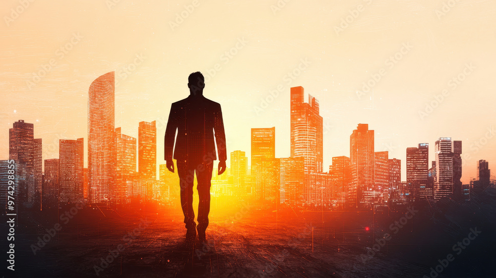 A silhouette of a businessman walking towards a sunset in a modern city skyline, symbolizing ambition and new beginnings. A silhouette of a businessman walking towards a sunset in a modern city skyline, symbolizing ambition and new beginnings.