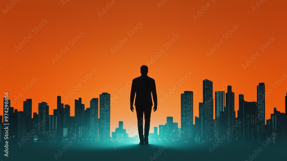A silhouette of a lone figure standing against a vibrant orange city skyline at dusk, evoking a sense of solitude and reflection. A silhouette of a lone figure standing against a vibrant orange city skyline at dusk, evoking a sense of solitude and reflection.