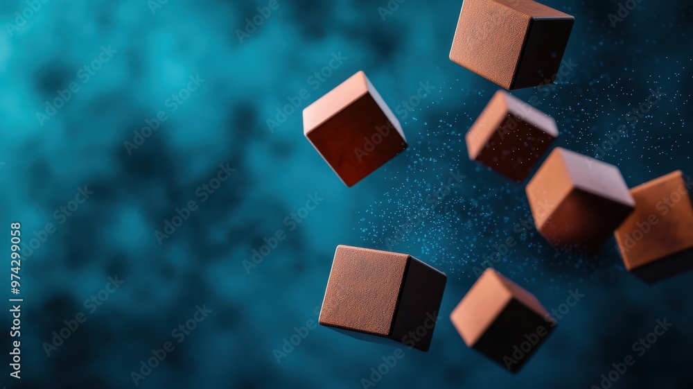 Abstract composition of floating brown cubes against a vibrant blue background, creating a dynamic visual experience. Abstract composition of floating brown cubes against a vibrant blue background, creating a dynamic visual experience.