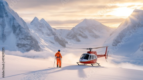 Lone adventurer walking towards helicopter in snowy mountain landscape. Winter expedition in extreme wilderness.