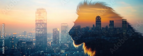 Realistic lion's face blending into a vibrant city skyline at dusk close up
