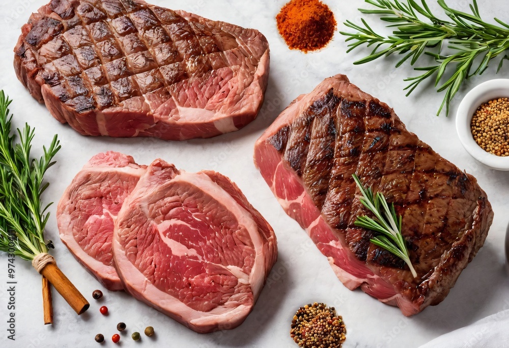 Set of various steaks with spices and herbs. Classic raw meat cuts includes ribeye, eye round and striploin steaks. Plaster white background, flat lay, banner format. Ai generated image. Set of various steaks with spices and herbs. Classic raw meat cuts includes ribeye, eye round and striploin steaks. Plaster white background, flat lay, banner format. Ai generated image.