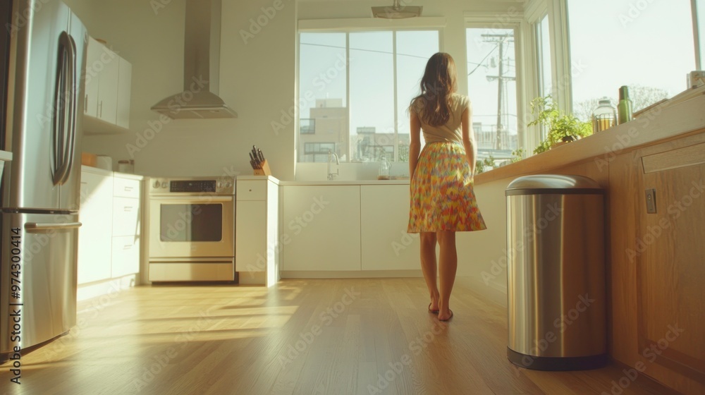 Woman Walking Through a Modern Kitchen Woman Walking Through a Modern Kitchen