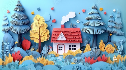 Colorful paper art depicting a cozy house surrounded by vibrant trees and flowers in a serene landscape.
