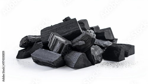 pile charcoal isolated on white background, xylanthrax, wood coal photo