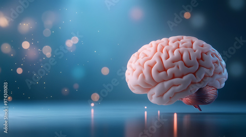 image features detailed representation of human brain against soft blue background with sparkling lights, symbolizing intelligence and creativity.