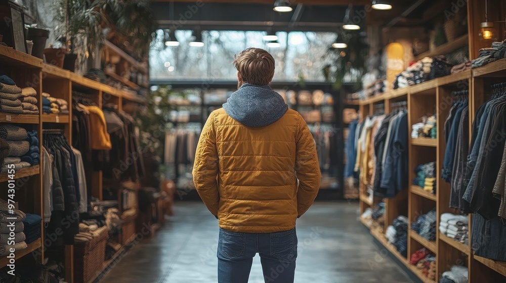 A person stands in a clothing store, browsing through neatly arranged apparel. A person stands in a clothing store, browsing through neatly arranged apparel.