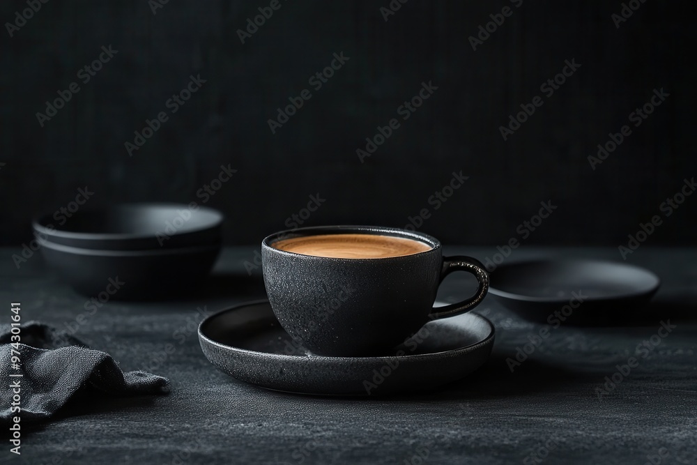 A minimalist coffee setup featuring a dark cup and saucer against a textured backdrop. A minimalist coffee setup featuring a dark cup and saucer against a textured backdrop.