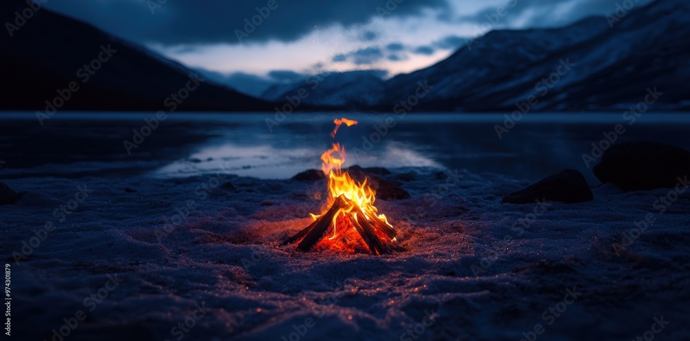 A fire burns in the distance on a cold, dark night, serving as a beacon to guide lost travelers through the wilderness A fire burns in the distance on a cold, dark night, serving as a beacon to guide lost travelers through the wilderness