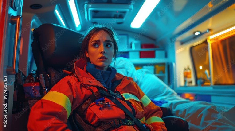A paramedic performing a quick assessment of a patient inside a brightly lit ambulance, with emergency supplies visible in the background, creating a sense of urgency A paramedic performing a quick assessment of a patient inside a brightly lit ambulance, with emergency supplies visible in the background, creating a sense of urgency
