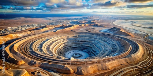 Aerial view of the massive Mirny Mine, one of the largest diamond mines in the world, situated in the remote Siberian wilderness of Russia. photo