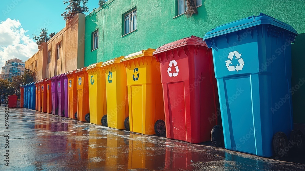 A row of colorful recycling bins against a vibrant wall, promoting waste separation. A row of colorful recycling bins against a vibrant wall, promoting waste separation.