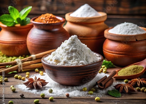 A heap of white chuna powder, also known as slaked lime, sits on a rustic wooden table, surrounded by earthen pots and Indian spices. photo